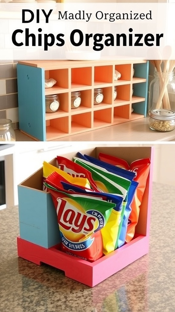 DIY Chips Organizer A colorful DIY chips organizer on a kitchen counter, holding various snack bags in separate compartments.